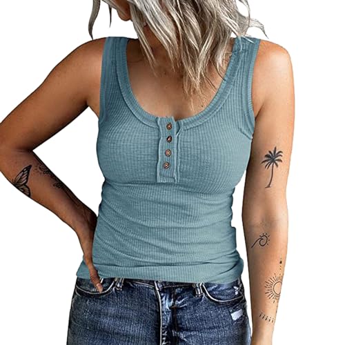 Tank Top Damen U-Ausschnitt Gerippt - Oberteile Mit Knöpfen Ärmellos/Langarm T-Shirt Einfarbig Basic Unterhemden Große Größen Tankshirt Sexy Eng Unterziehshirt Sommer Blusenshirt von Generic