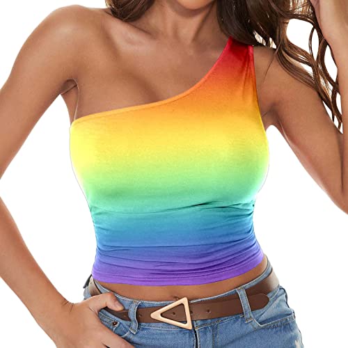 Tank Top Damen Yoga Frauen-Sommer-beiläufiges Oberteil, eine Schulter, eng anliegende, einfarbige, ärmellose Wickelbrust-Tanktop Spaghetti Top Damen Tops T-Shirts Blusen Tuniken (ZF-Orange, M) von Generic