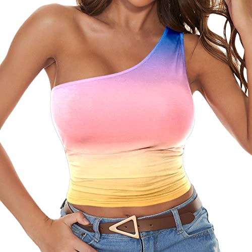 Tank Top Damen Yoga Frauen-Sommer-beiläufiges Oberteil, eine Schulter, eng anliegende, einfarbige, ärmellose Wickelbrust-Tanktop Spaghetti Top Damen Tops T-Shirts Blusen Tuniken (ZF-Pink, S) von Generic