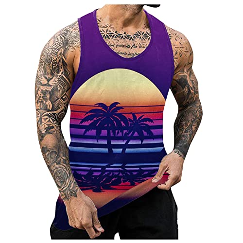 Tank Top Herren Hawaii Druck Tankshirt Casual Sport Muskelshirt Sommer Strand Ärmellos Hawaiihemd Stringer Fitness Shirt Bodybuilding Tanktop Unterhemd (as3, Alpha, m, Regular, Regular, 3-Lila) von Generic