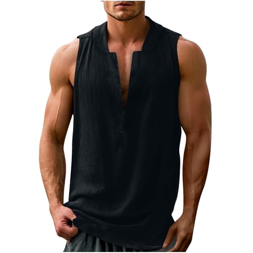 Tank Top Herren Leinen Baumwolle Tanktop Männer Sport Muskelshirts Ärmelloses Kapuzenshirt V-Ausschnitt Trägershirt Gym Funktionsunterhemd Fitness Sportunterhemd Prime Schwarz L von Generic