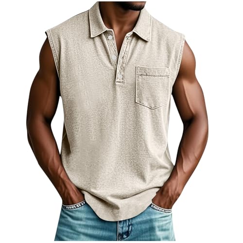 Tank Top Herren V-Ausschnitt Knöpfen T-Shirts Ärmelloser Muskelshirts Fitness Tanktop Atmungsaktive Achselshirts Vintage Shirt Sommer Unterhemd Sport Axelshirt Leichte Funktionsshirt Trainingsshirt von Generic