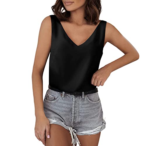 Tank Top Strap Damen Satin - Camisole V-Ausschnitt Oberteile Basic Cami Sommer Weste Läsiges Shirt Cami Ämellose Blusen Silk Tanktops Top Sexy Crop Tops Seide Unterhemden Locker T-Shirt von Generic