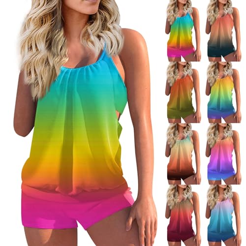 Tankini Damen Badeanzug Tummy Control Top Mit Shorts Zweiteiler Farbverlauf Gestreift Bikini Sets Swimsuit Gepolsterte Bademode Beachwear von Generic