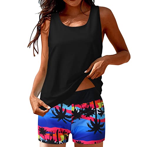 Tankini Damen Bauchweg,Damen Tankini Set Dreiteiliger Badeanzug Einfarbig Oberteile+Push Up überkreuztes Bra+High Waist Drucken Bikinihose Strand Bademode Badeanzüge Badeanzug von Generic