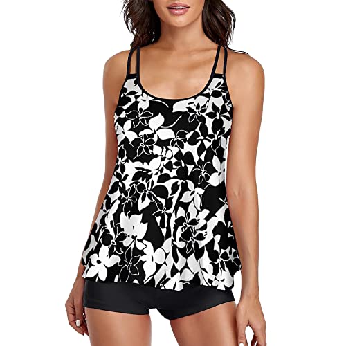 Tankini Damen Bauchweg Mehrfarbig Tankini Set Push Up Tankini Oberteil mit Shorts Badeshorts Zweiteilig Badeanzug Beachwear Zweiteiler Bedruckter Bademode mit Slip, Hotpants High Waist (ZZ3-Black, XL) von Generic