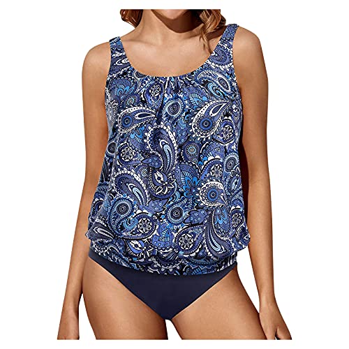 Tankini Damen Bauchweg Mehrfarbig Tankini Set Push Up mit Oberteile und Badeshorts Badeanzug Beachwear Zweiteiler Bedruckter Bademode mit Slip, Hotpants High Waist Swimsuit (YYA-Dark Blue, XXL) von Generic
