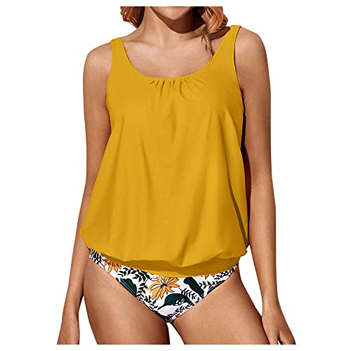 Tankini Damen Bauchweg Mehrfarbig Tankini Set Push Up mit Oberteile und Badeshorts Badeanzug Beachwear Zweiteiler Bedruckter Bademode mit Slip, Hotpants High Waist Swimsuit (YYA-Yellow, L) von Generic
