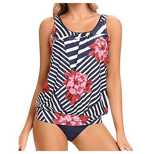Tankini Damen Bauchweg Mehrfarbig Tankini Set Push Up mit Oberteile und Badeshorts Badeanzug Beachwear Zweiteiler Bedruckter Bademode mit Slip, Hotpants High Waist Swimsuit (YYC-Navy, XL) von Generic