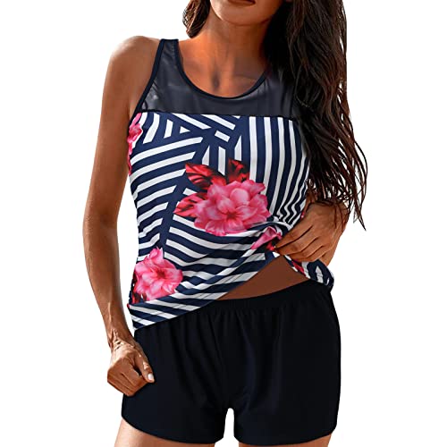 Tankini Damen Bauchweg Zweiteilig Badeanzug - Tankini Damen mit Shorts,Badeanzug Damen Sport Große Größen Farbblock Racerback Tank Top Badeshorts Bademode Strandmode Tankinis Badeanzüge für Frauen von Generic