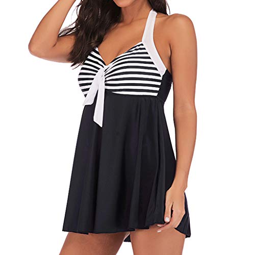 Tankini Damen Große Größen Zweiteilige Badeanzug Damen Bauchweg Tankini GroßE GrößEn Bademode FüR Mollige,Badekleid Mit Hotpants Neckholder Bikini Bademode Streifen Beachwear Strandmode von Generic