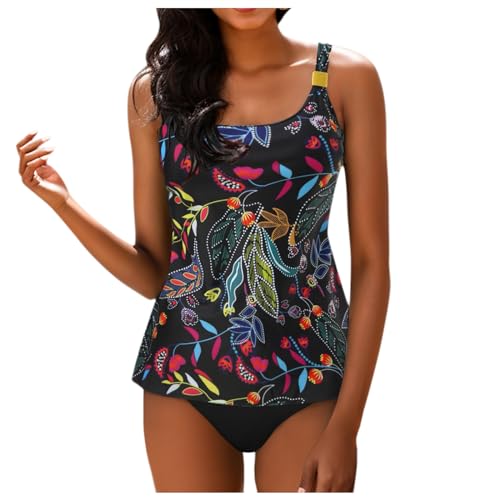 Tankini Damen zweiteilig Bauchweg Große Größen Bademode Set Push Up Bauch Weg Tankini Oberteile Blumenmuster Gepolsterte mit Badeshorts-Sets Elegant Strandkleid Strandmode Badeanzug für Frauen von Generic
