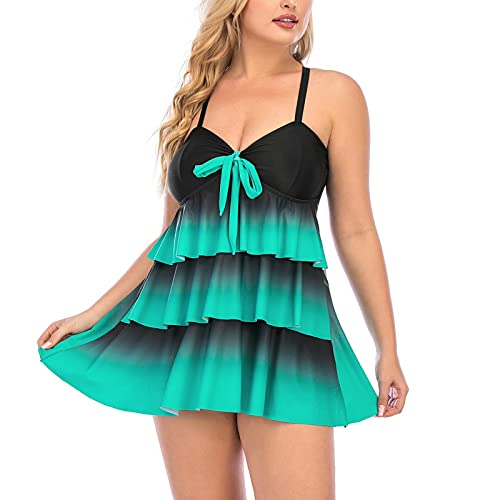 Tankini Set Damen Große Größen Zweiteilig Hohe Taille Rüschen Volant Geschichtet Bademode mit Badeshorts Rüschen Bademode Badeanzug Frauen Rock mit Short(A Blau,5XL) von Generic