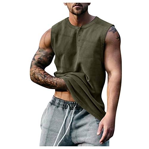 Tanktops Herren Sommer Baumwolle Ärmellos Knopfleiste Weste T-Shirt Rundhals Einfarbig Gym Workout Sportweste Schnelltrocknendes Atmungsaktive Leichtes Hawaii Strand Weste Leinenhemd von Generic