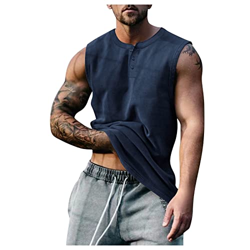 Tanktops Herren Sommer Baumwolle Ärmellos Knopfleiste Weste T-Shirt Rundhals Einfarbig Gym Workout Sportweste Schnelltrocknendes Atmungsaktive Leichtes Hawaii Strand Weste Leinenhemd von Generic