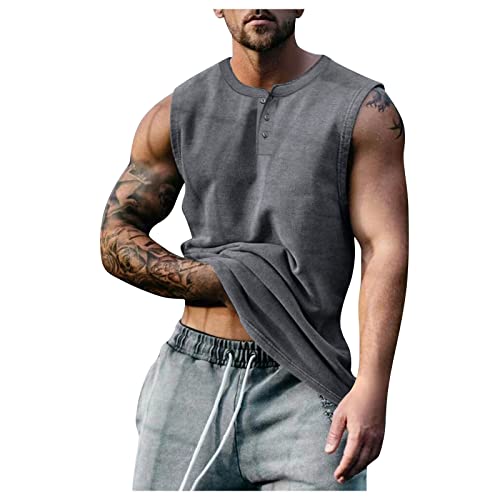 Tanktops Herren Sommer Baumwolle Ärmellos Knopfleiste Weste T-Shirt Rundhals Einfarbig Gym Workout Sportweste Schnelltrocknendes Atmungsaktive Leichtes Hawaii Strand Weste Leinenhemd von Generic