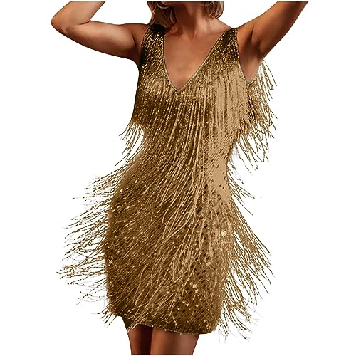 Tanzkleid mit V-Ausschnitt, Fransen, Quaste, glitzernd, Partykleider, ärmellos, figurbetontes Kleid für Konzert-Outfits, Party, UK Damen-Abendkleider, gold, L von Generic