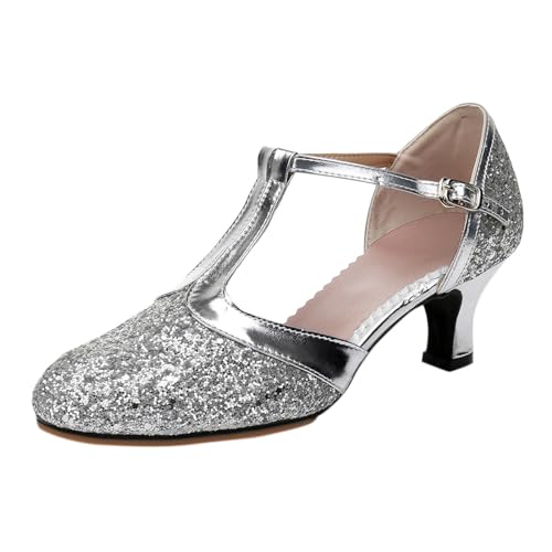 Tanzschuhe Damen latein geschlossen Glitzer - high Heels Silber Kleiner Absatz - Pumps mit Riemchen Schnalle Stöckelschuhe elegant Abendschuhe Hochzeitsschuhe Kitten Kleid Schuhe Tanzschuhe Damen latein geschlossen Glitzer - high Heels Silber Kleiner Absatz - Pumps mit Riemchen Schnalle Stöckelschuhe elegant Abendschuhe Hochzeitsschuhe Kitten Kleid Schuhe von Generic