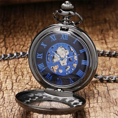 Taschenuhr, Exquisite Blaue römische Ziffern, mechanische Taschenuhr, Handwickeltasche, Anhänger, Steampunk, 30 cm Kette, Vintage-Uhr, Geschenke von Generic