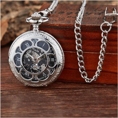 Taschenuhr, Retro-Blumen-Hohlskelett, automatische mechanische Taschenuhr, Herren-Kette, Stahl, Exquisite Skulptur, Damenuhr mit römischen Ziffern von Generic