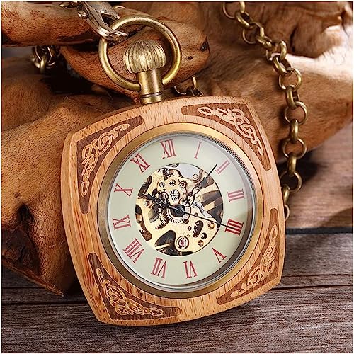 Taschenuhr, einzigartige quadratische mechanische Taschenuhr aus Holz für Herren und Damen, exquisites geschnitztes Design, Steampunk-Skelett, Kleiner Ring, Kette, Taschenuhr von Generic