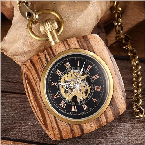 Taschenuhr, einzigartige quadratische mechanische Taschenuhr aus Holz für Herren und Damen, exquisites geschnitztes Design, Steampunk-Skelett, Kleiner Ring, Kette, Taschenuhr von Generic