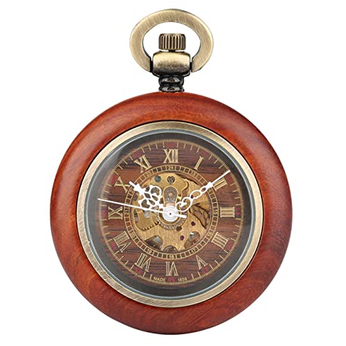 Taschenuhr – Vintage-Holzgehäuse, mechanische Taschenuhr, Automatikuhr, offenes Zifferblatt, Unisex-Uhr, Geschenke für Männer und Frauen, mit Kette und Box von Generic