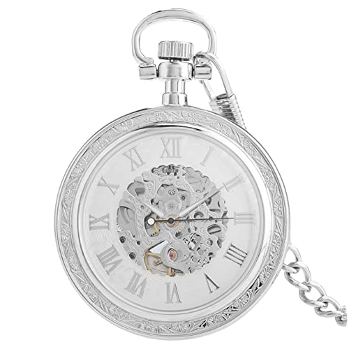 Taschenuhr – elegant, ohne Abdeckung, römische Ziffern, Zifferblatt, automatische mechanische Taschenuhr, Halskette, Anhänger, männlich, weiblich, Geschenk mit Kette und Box, mechanisch, Taschenuhr von Generic