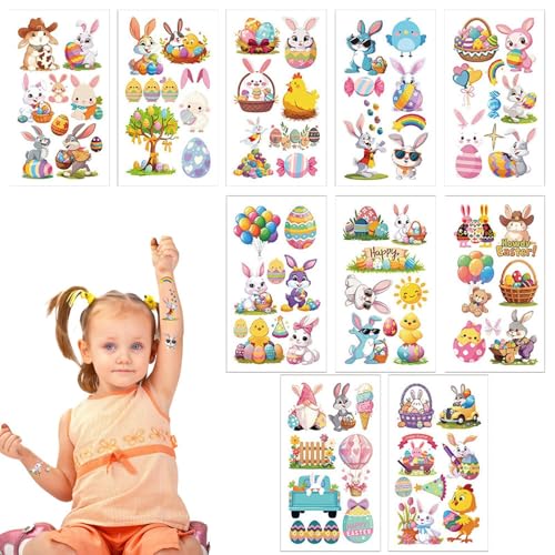 -Tattoo-Aufkleber, temporäres -Tattoo für Kinder - 10 Blatt Hasenei-Blumen-Aufkleber - Osterei-Hasen-Tattoo, niedliche temporäre Aufkleber für von Generic