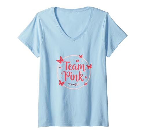 Team Pink It's a Girl Baby Shower Butterfly Celebration T-Shirt mit V-Ausschnitt, Damen, Himmelblau, XXL von Generic