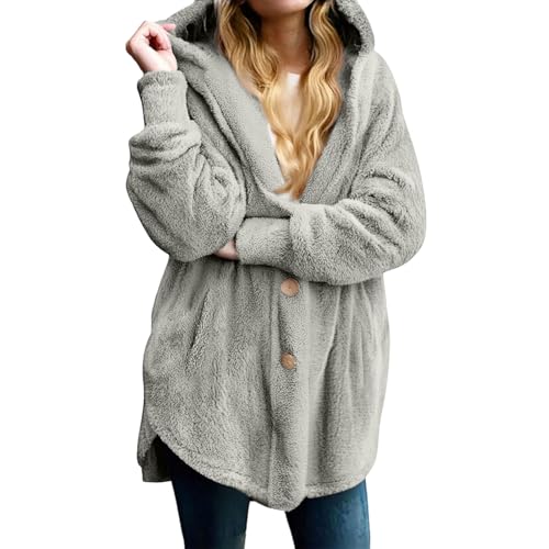 Teddy Fleece Hoodie Jacke Damen Warm Langarm Fleecejacke Teddy-Fleece Pullover Winter Outdoor Teddyjacke mit Kapuze Plüschjacke Einfarbig Casual Wintermantel Flauschig Freizeitjacke Mantel von Generic