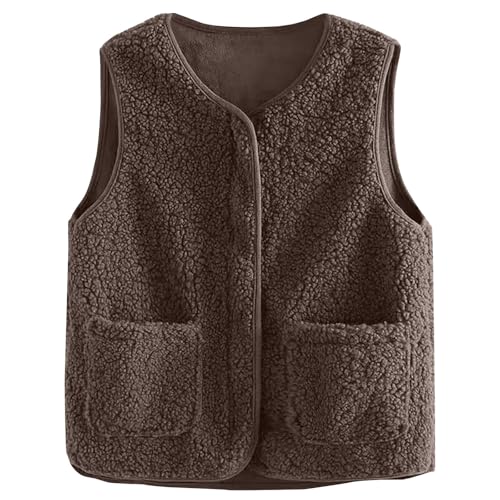Teddy Fleece Weste Damen Ärmellose Weste Herbst Winter Kurz Einfarbig V-Ausschnitt Knöpfen Fleeceweste Leicht Teddywesten Fleecejacke mit Taschens Outdoor Fellweste Casual Locker Teddyjacke von Generic
