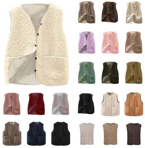 Teddy Fleece Weste Damen Herbst Winter Warm Ärmellos Westen Casual Bequem Einfarbig Revers Plüsch Weste Kurz Reißverschluss Jacke Lose Jacke Fleeceweste Plüschweste Outwear Westen Discounter von Generic