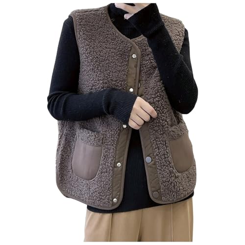 Teddy Fleece Weste Damen Kurz Fellweste Teddywesten Leichte Ärmellos Weste Fleeceweste Winter Warm Westen Einfarbig Damenweste Pelzjacke Knöpfen Plüschweste Mit Taschen Thermoweste Winterweste von Generic