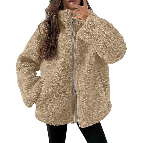 Teddy Fleecejacke Damen, Strickjacke Dicke Fleecejacke Damen Beige Freizeit Teddy Jacke Warme Plüschjacke Einfarbig Kuscheljacke Winterjacke Doppelschneidiger Oversize Jacke Strickfleecejacke von Generic