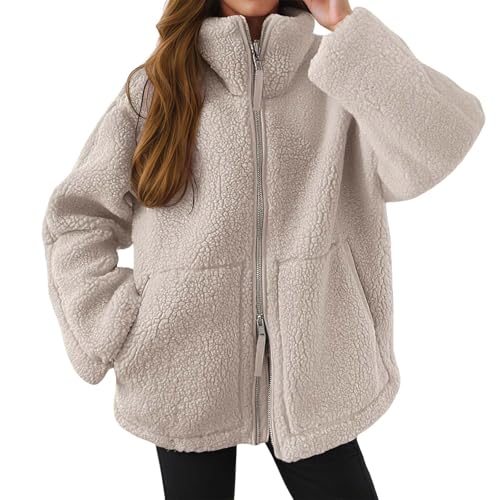 Teddy Fleecejacke Damen, Strickjacke Dicke Fleecejacke Damen Beige Freizeit Teddy Jacke Warme Plüschjacke Einfarbig Kuscheljacke Winterjacke Doppelschneidiger Oversize Jacke Strickfleecejacke von Generic