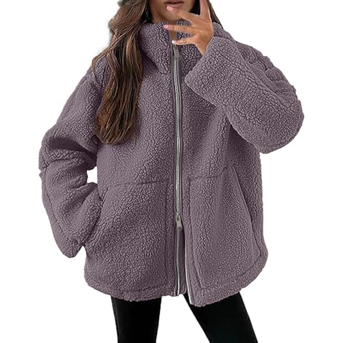 Teddy Fleecejacke Damen, Strickjacke Dicke Fleecejacke Damen Beige Freizeit Teddy Jacke Warme Plüschjacke Einfarbig Kuscheljacke Winterjacke Doppelschneidiger Oversize Jacke Strickfleecejacke von Generic