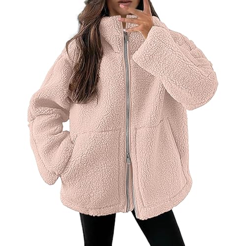 Teddy Fleecejacke Damen, Strickjacke Dicke Fleecejacke Damen Beige Freizeit Teddy Jacke Warme Plüschjacke Einfarbig Kuscheljacke Winterjacke Doppelschneidiger Oversize Jacke Strickfleecejacke von Generic