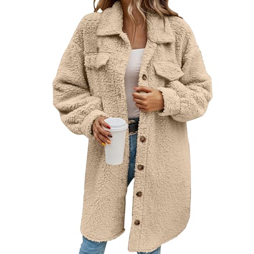 Teddy Fleecejacke Damen Elegant Lang Winterjacke Flauschig Plüschjacke Sweatshirt Revers Langarm Teddyjacke mit Knopf Lässige Jacken Mantel Oberteile von Generic