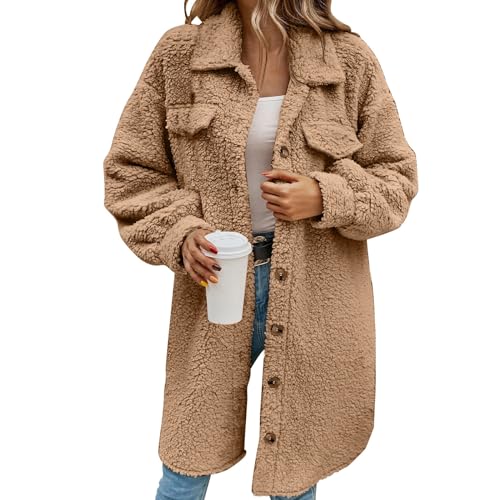 Teddy Fleecejacke Damen Elegant Lang Winterjacke Flauschig Plüschjacke Sweatshirt Revers Langarm Teddyjacke mit Knopf Lässige Jacken Mantel Oberteile von Generic
