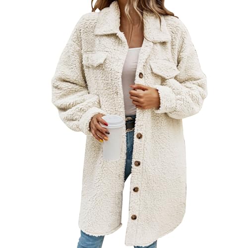 Teddy Fleecejacke Damen Elegant Lang Winterjacke Flauschig Plüschjacke Sweatshirt Revers Langarm Teddyjacke mit Knopf Lässige Jacken Mantel Oberteile von Generic
