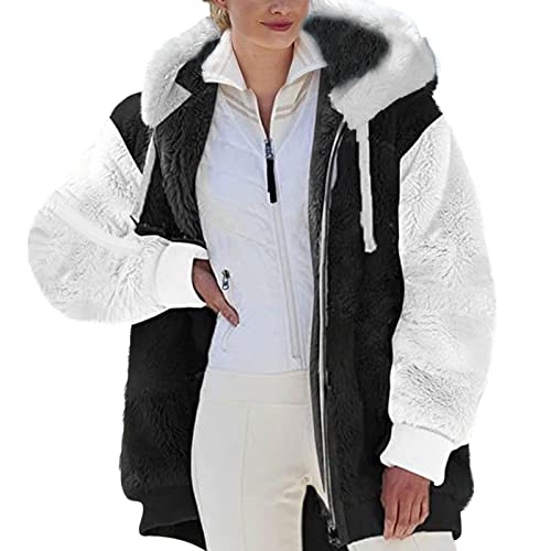 Teddy Fleecejacke Damen Farbblock Patchwork Winterjacke Mit Kapuze Dicke Warme Langarm Wintermantel Reißverschluss Übergangsjacke Doppelseitiger Samt Kunstfell Angebote Des Tages Heute Damen von Generic