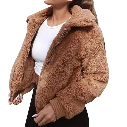 Teddy Fleecejacke Damen Große Größen, Winterjacke Plüsch Kurzjacke Langarm Übergangsjacke Revers Pelzjacke Einfarbig Elegante Cargidan Oversized Y2K Jacken Ästhetische Streetwear von Generic