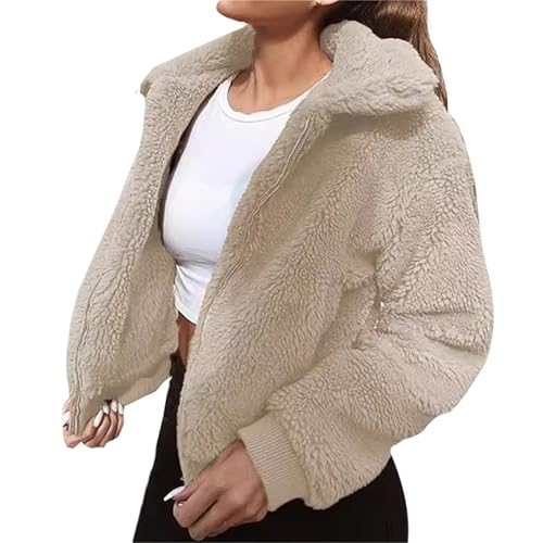 Teddy Fleecejacke Damen Große Größen, Winterjacke Plüsch Kurzjacke Langarm Übergangsjacke Revers Pelzjacke Einfarbig Elegante Cargidan Oversized Y2K Jacken Ästhetische Streetwear von Generic