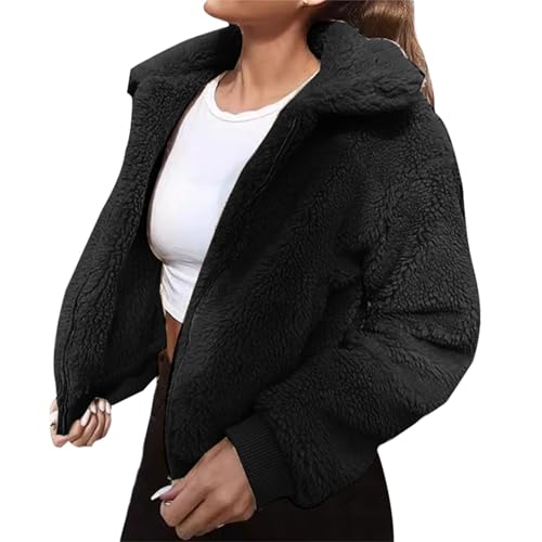 Teddy Fleecejacke Damen Ohne Kapuze, Winterjacke Mit Reißverschluss Kurz Kunstfell-Jacke Flauschig Kuscheljacke Festlich Hochzeit Pelzjacke Reverskragen Plüschjacke Oversized Y2K Cardigan von Generic