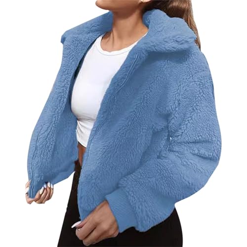 Teddy Fleecejacke Damen Ohne Kapuze, Winterjacke Mit Reißverschluss Kurz Kunstfell-Jacke Flauschig Kuscheljacke Festlich Hochzeit Pelzjacke Reverskragen Plüschjacke Oversized Y2K Cardigan von Generic