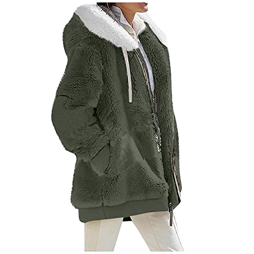 Teddy Mantel Damen, Dicke Gefüttertfleece Jackejacke Flauschig 2023 Plüschjacke Herbstjacke mit Kapuze und Taschen Reißverschluss Elegant Kuscheljacke Winterjacke Kuschel Jacke (Grün,L) von Generic