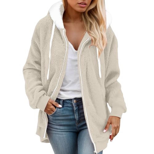 Teddy Plüschjacke Damen Winterjacke Größe S-5XL Fleecejacke Hoodie Sweatjacke mit Kapuze Winter Reißverschluss Pullover Kapuzenjacke mit Tasches Einfarbig Mantel von Generic