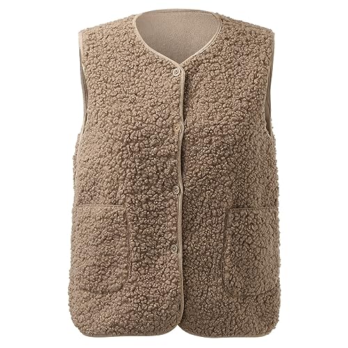 Teddy Weste Damen Winter Warm Ärmellos Fellweste Einfarbig V-Ausschnitt Knöpfen Fleeceweste aus Teddyfell Fleece Winterweste Kurz Teddyjacke Plüsch Westen von Generic