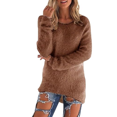Teddyfleece Pullover Damen Lang Slim Fit Fleecepullover Elegant Langarmshirt Einfarbig Oberteile Winter Warm Tops Große Größen Bluse Leichte Sweatshirt Thermo Shirt Rundhals Pulli Winterpullover von Generic